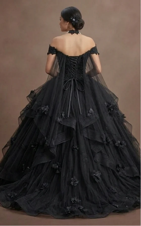 Black Wedding Dress Tulle Off Shoulder Fairytale Bridal - Image 3