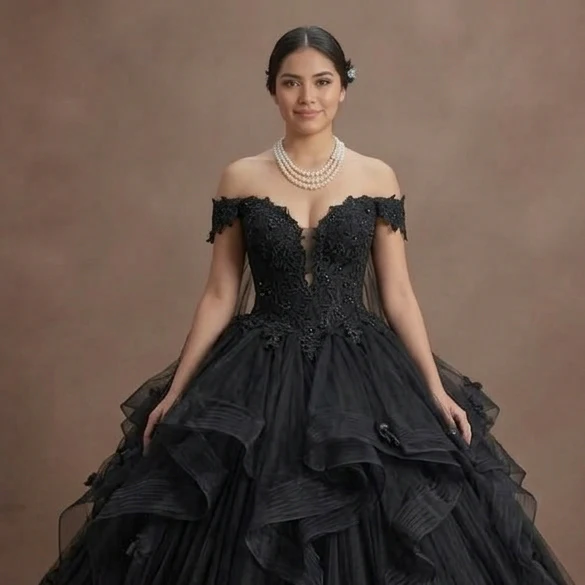 Black Wedding Dress Tulle Off Shoulder Fairytale Bridal - Image 4