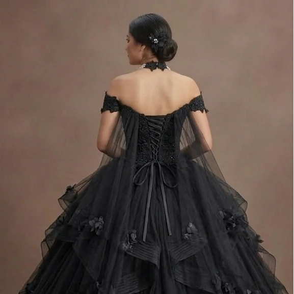 Black Wedding Dress Tulle Off Shoulder Fairytale Bridal - Image 5