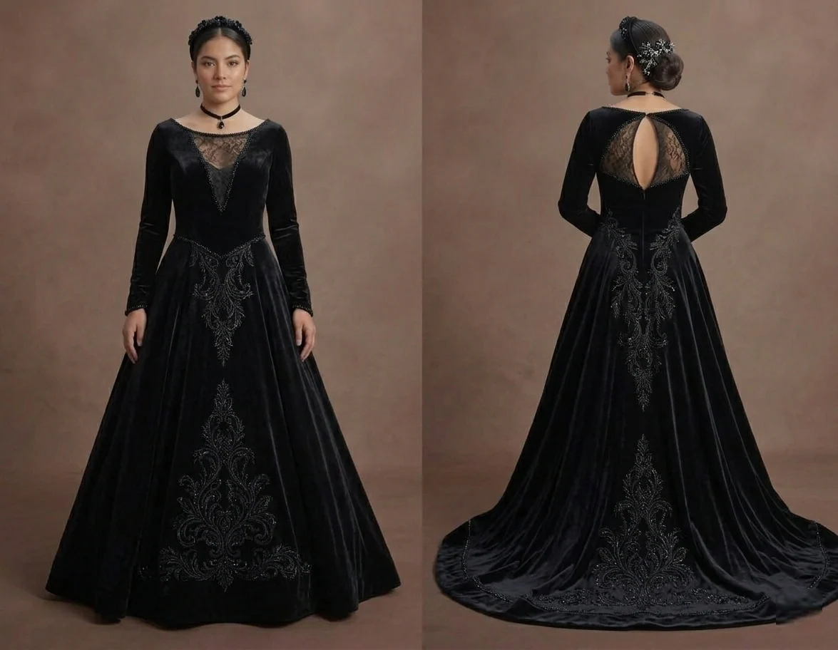 Black Wedding Dress Velvet A-Line Winter Formal Wedding