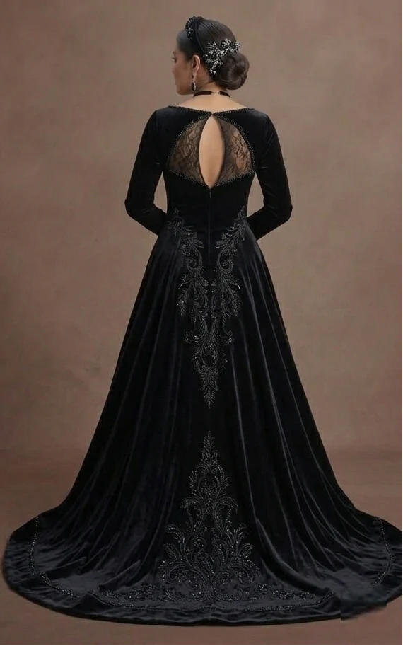 Black Wedding Dress Velvet A-Line Winter Formal Wedding - Image 3