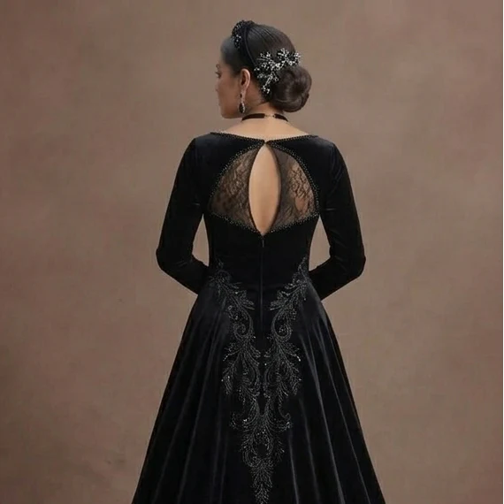 Black Wedding Dress Velvet A-Line Winter Formal Wedding - Image 5
