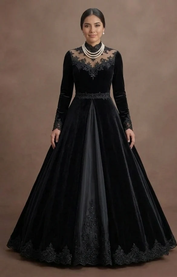 Black Wedding Dress Velvet Long Sleeve Winter Wedding - Image 2