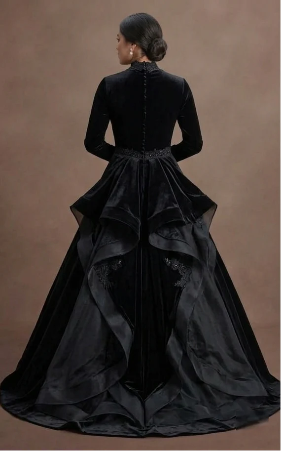 Black Wedding Dress Velvet Long Sleeve Winter Wedding - Image 3