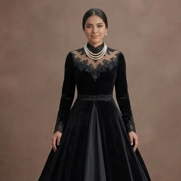 Black Wedding Dress Velvet Long Sleeve Winter Wedding - Image 4