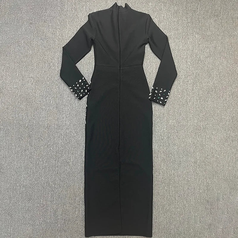 Black White Color Women Long Sleeve Shinning Rhinestones Bodycon Long Bandage Dress Evening Party Celebrate Outfit Vestido - Image 4