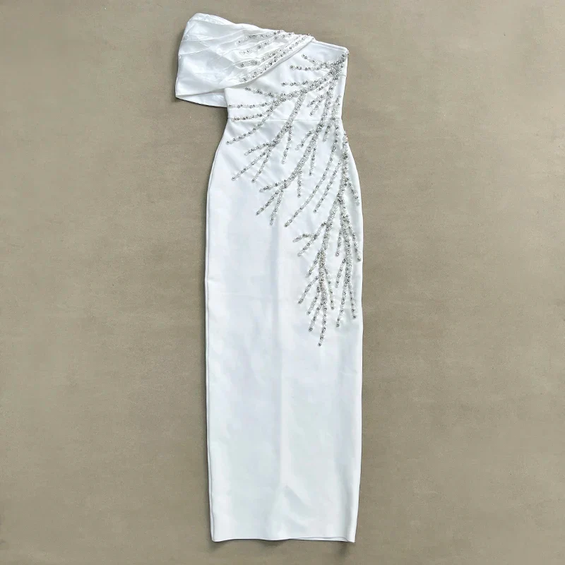 Black White Color Women Sexy One Shoulder Shinning Crystal Bodycon Long Bandage Dress Fashion Elegant Evening Party Outfit - Image 7