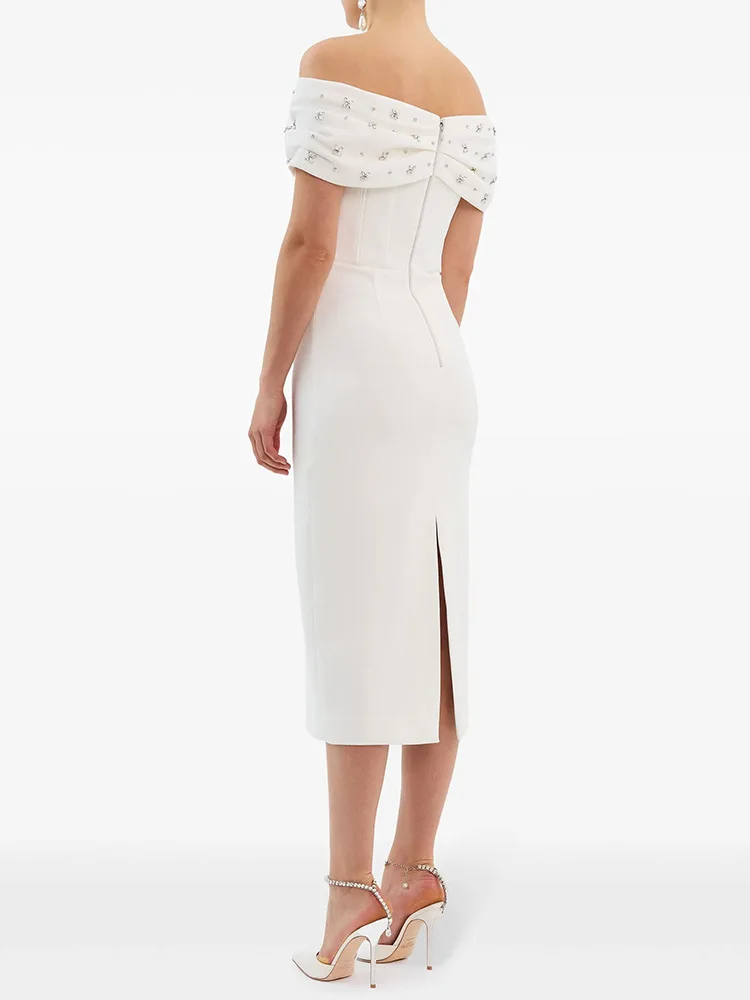Black White Color Women Sexy Slash Neck Off the Shoulder Bodycon Mid-calf Dress Shinning Crystal Celebrate Evening Party Outfit - Image 3
