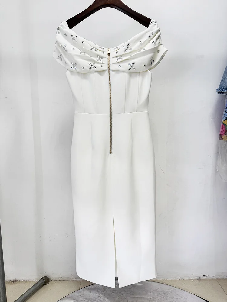 Black White Color Women Sexy Slash Neck Off the Shoulder Bodycon Mid-calf Dress Shinning Crystal Celebrate Evening Party Outfit - Image 4