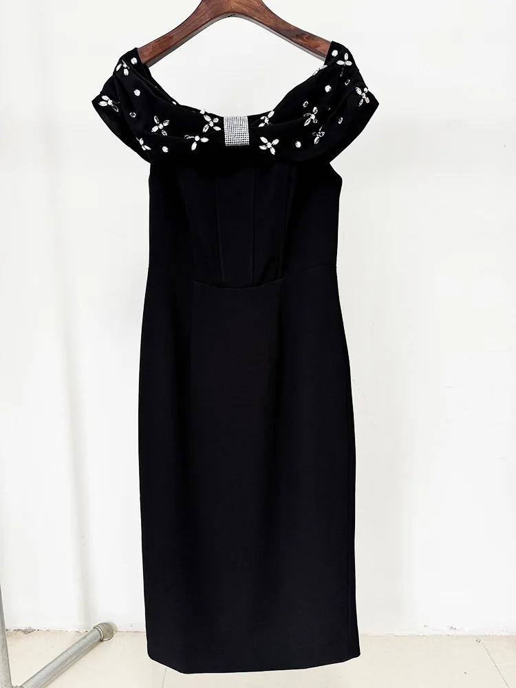 Black White Color Women Sexy Slash Neck Off the Shoulder Bodycon Mid-calf Dress Shinning Crystal Celebrate Evening Party Outfit - Image 5
