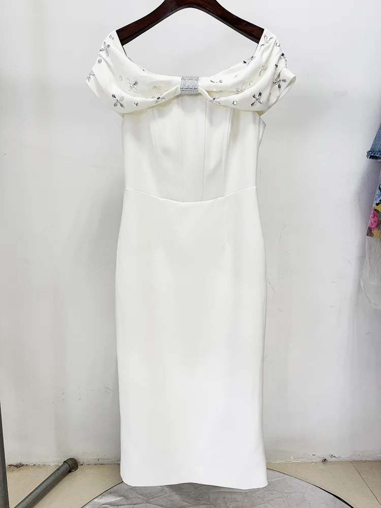 Black White Color Women Sexy Slash Neck Off the Shoulder Bodycon Mid-calf Dress Shinning Crystal Celebrate Evening Party Outfit - Image 6