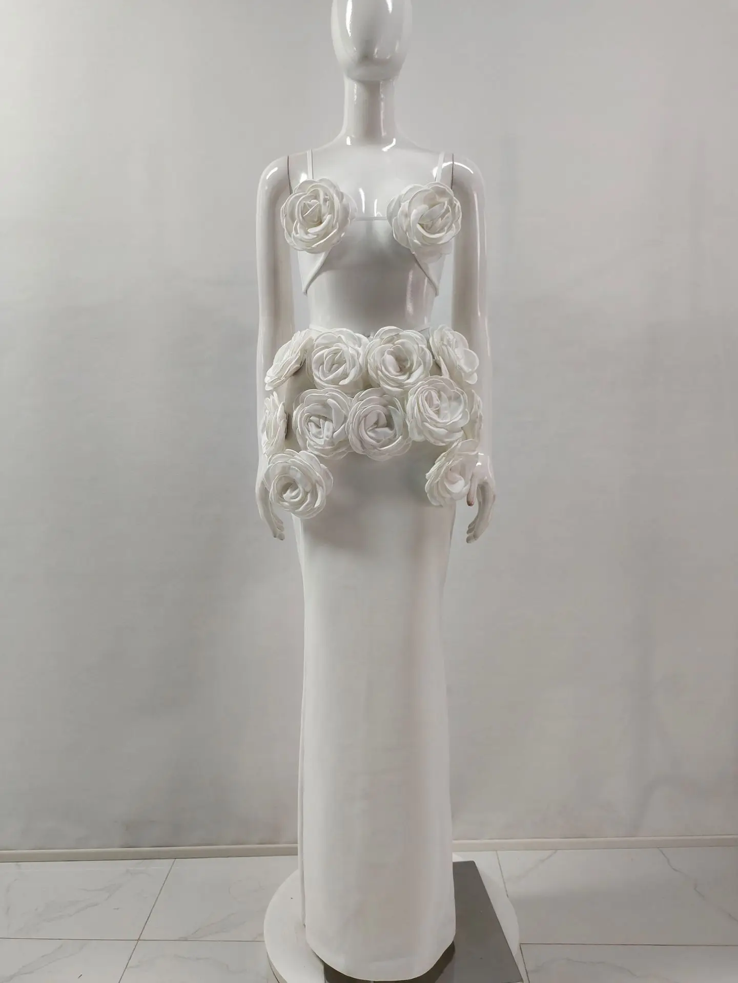 Black White Color Women Sexy Strap Florals 2 Pieces Bodycon Long Dress Celebrate Nightclub Party Bar Singer Performance Costume - Image 2