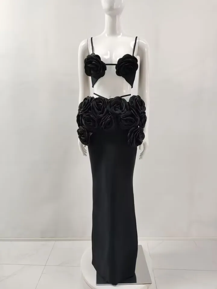Black White Color Women Sexy Strap Florals 2 Pieces Bodycon Long Dress Celebrate Nightclub Party Bar Singer Performance Costume - Image 6