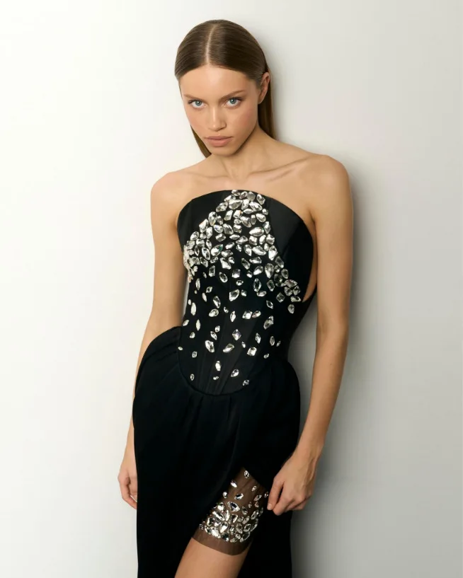Black White Color Women Sexy Strapless Shinning Crystal Bodycon Long Bandage Dress Elegant Evening Party Celebrate Outfit - Image 4