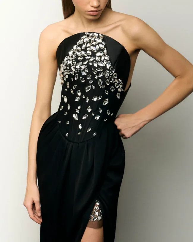 Black White Color Women Sexy Strapless Shinning Crystal Bodycon Long Bandage Dress Elegant Evening Party Celebrate Outfit - Image 6