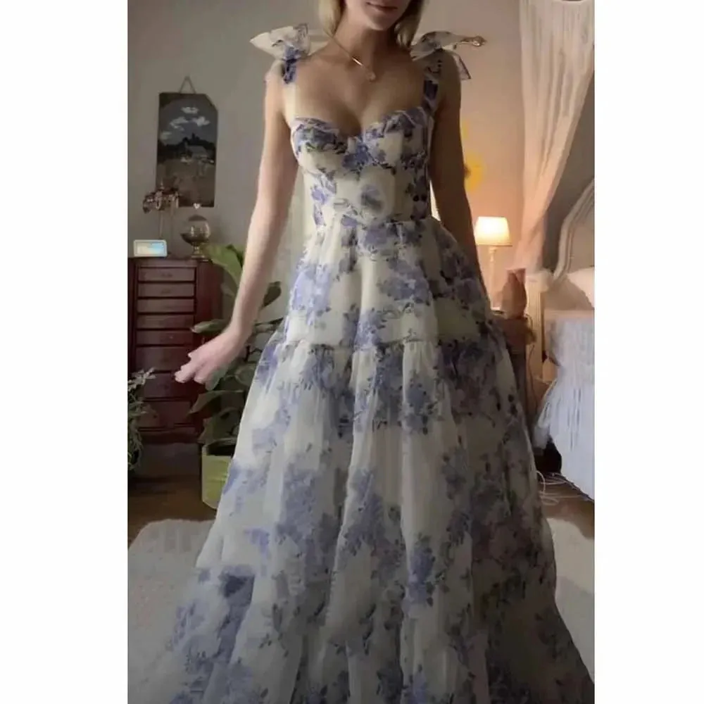 Blue And White Porcelain فساتين سهره فاخره Sweet Light Blue A-line فساتين السهرة Bow On Shoulder Prom Dresses - Image 4