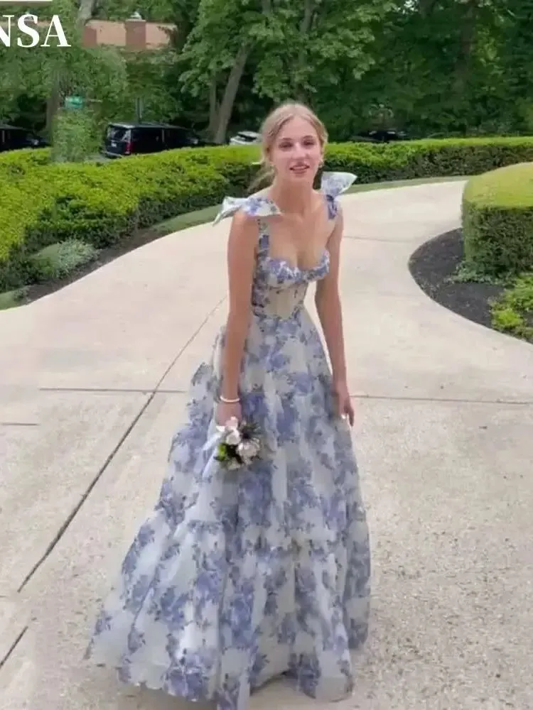 Blue And White Porcelain فساتين سهره فاخره Sweet Light Blue A-line فساتين السهرة Bow On Shoulder Prom Dresses - Image 5