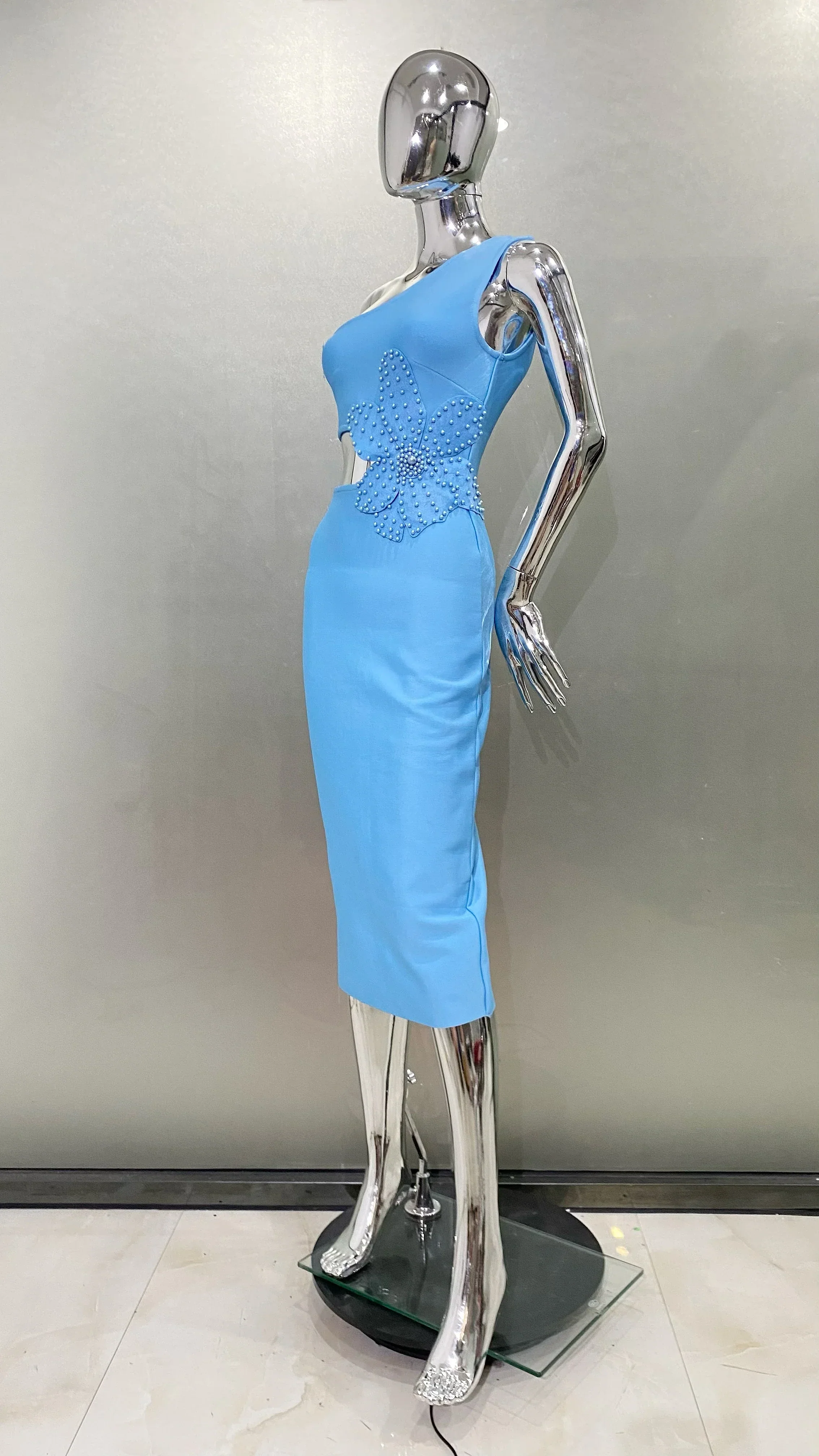 Blue Color Beading Flower Sexy One Shoulder Expose waist Mid Calf Bandage Dress Elegant Woman Evening Dress Cocktai Party Outfit - Image 5