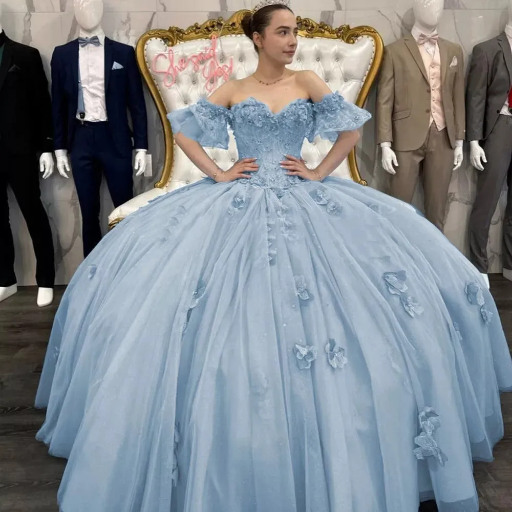 Blue Flowers Quinceanera Dresses 3D Beading Floral Appliques Vestidos De 15 Años Princess Birthday Party Gown - Image 3