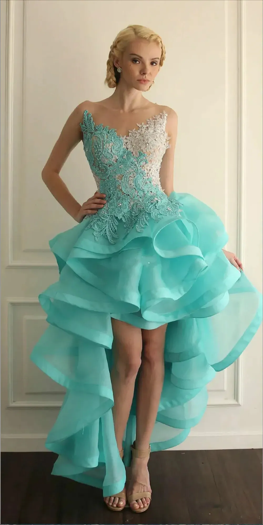 Blue High Front and Low Back Cocktail Dresses Illusion Neck Organza Lace Appliques Ruffle Beads Homecoming Gowns - Image 3