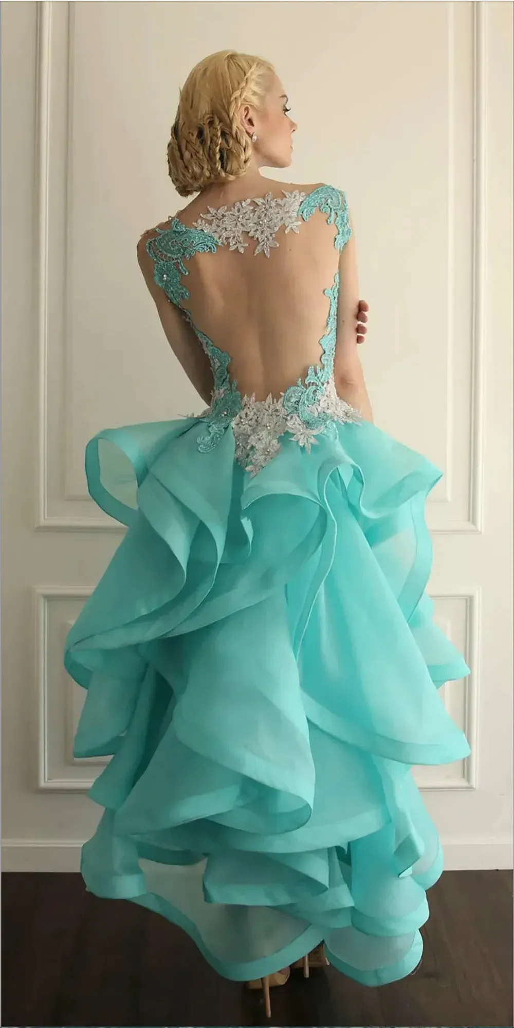 Blue High Front and Low Back Cocktail Dresses Illusion Neck Organza Lace Appliques Ruffle Beads Homecoming Gowns - Image 4