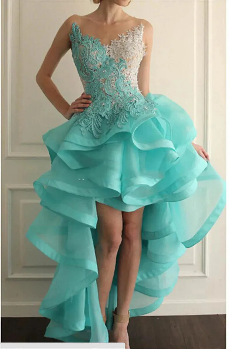 Blue High Front and Low Back Cocktail Dresses Illusion Neck Organza Lace Appliques Ruffle Beads Homecoming Gowns - Image 5