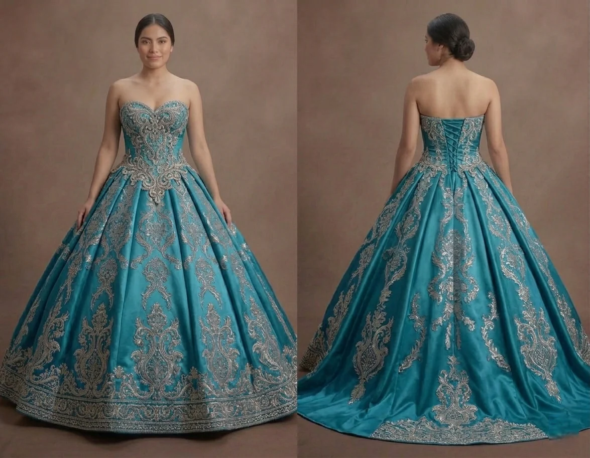 Blue Quinceañera Dress - Aquamarine Silk Strapless Gown