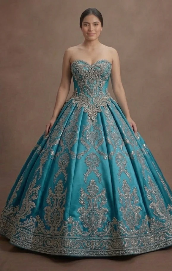 Blue Quinceañera Dress - Aquamarine Silk Strapless Gown - Image 2