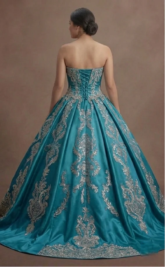 Blue Quinceañera Dress - Aquamarine Silk Strapless Gown - Image 3