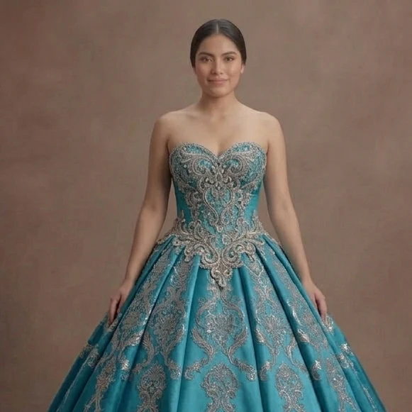 Blue Quinceañera Dress - Aquamarine Silk Strapless Gown - Image 4