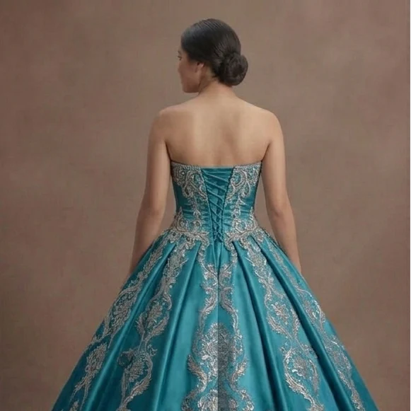 Blue Quinceañera Dress - Aquamarine Silk Strapless Gown - Image 5