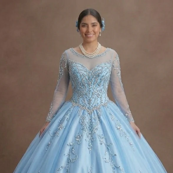 Blue Quinceañera Dress - Baby Blue Beaded Bodice Style - Image 4