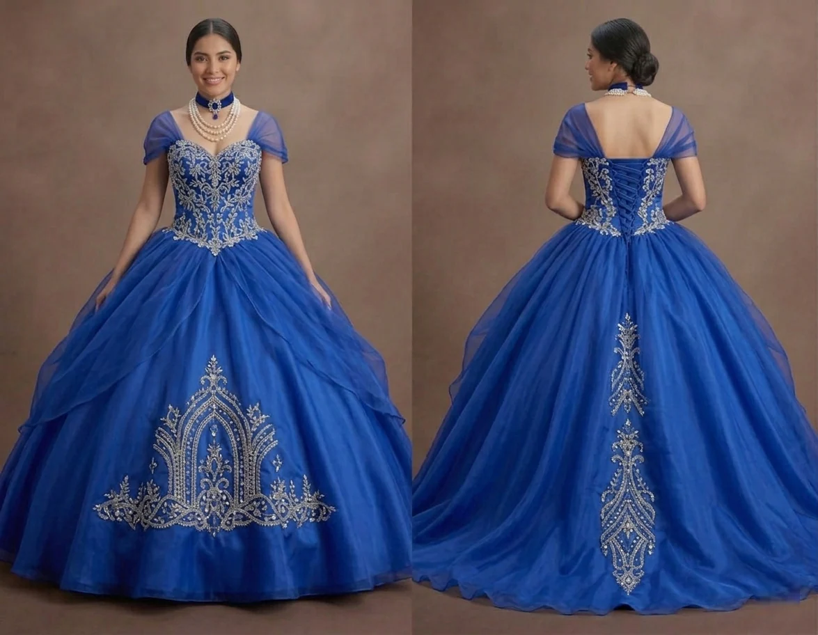 Blue Quinceañera Dress - Cinderella Style Organza Ball Gown