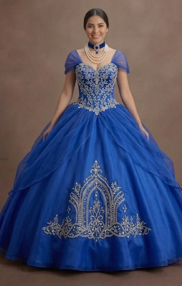 Blue Quinceañera Dress - Cinderella Style Organza Ball Gown - Image 2