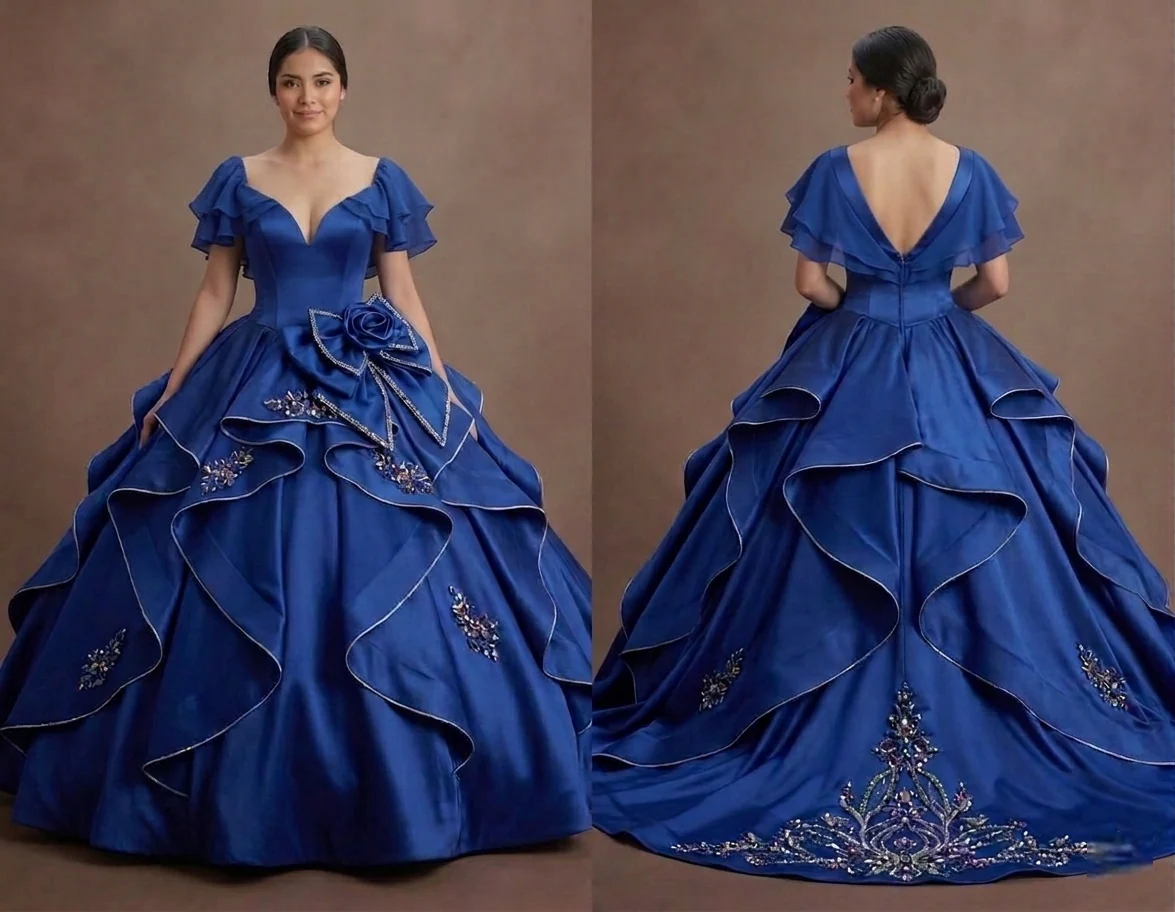 Blue QuinceaƱera Dress - Deep Cobalt Satin Formal Gown