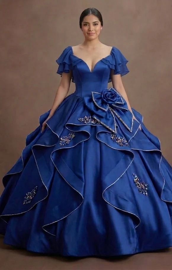 Blue QuinceaƱera Dress - Deep Cobalt Satin Formal Gown - Image 2