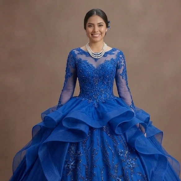 Blue Quinceañera Dress Long Sleeve Lace Applique Gown - Image 4