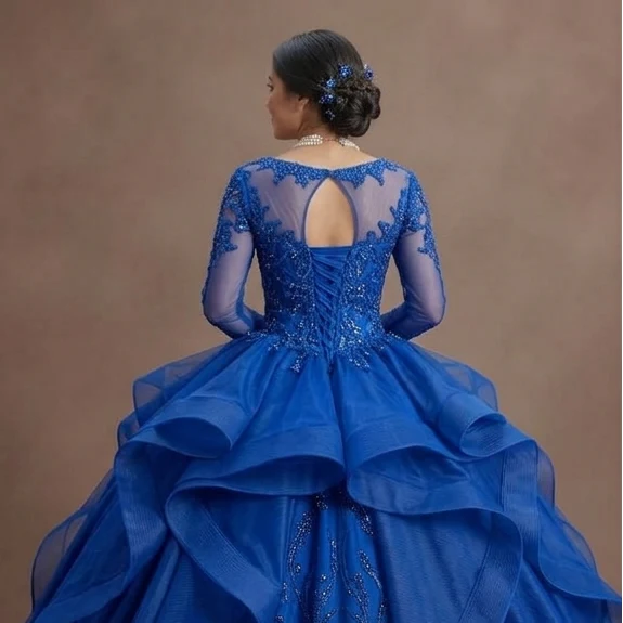 Blue Quinceañera Dress Long Sleeve Lace Applique Gown - Image 5