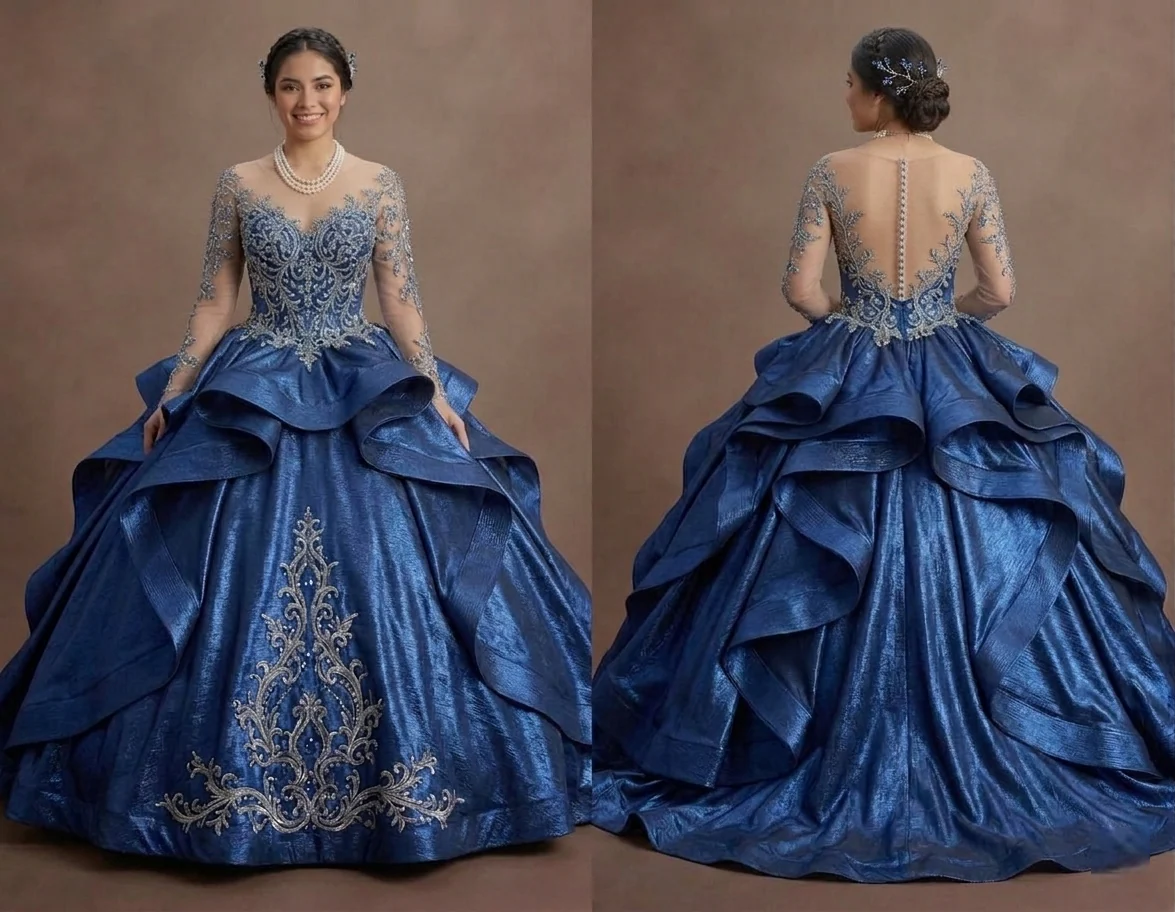 Blue Quinceañera Dress - Metallic Fabric Gala Gown