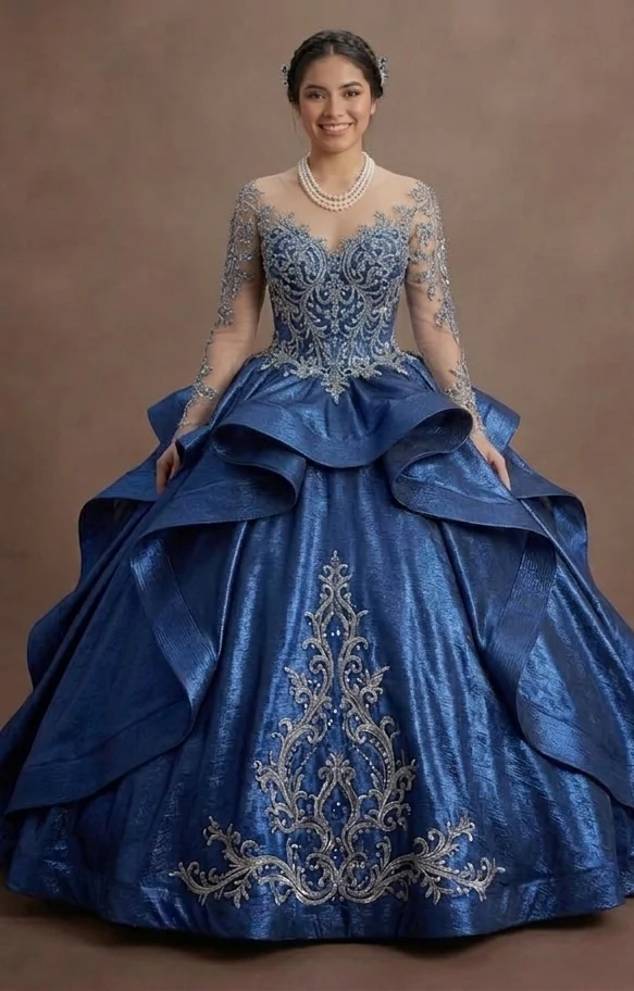 Blue Quinceañera Dress - Metallic Fabric Gala Gown - Image 2