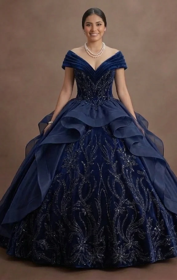 Blue Quinceañera Dress - Navy Velvet Midnight Glamour - Image 2