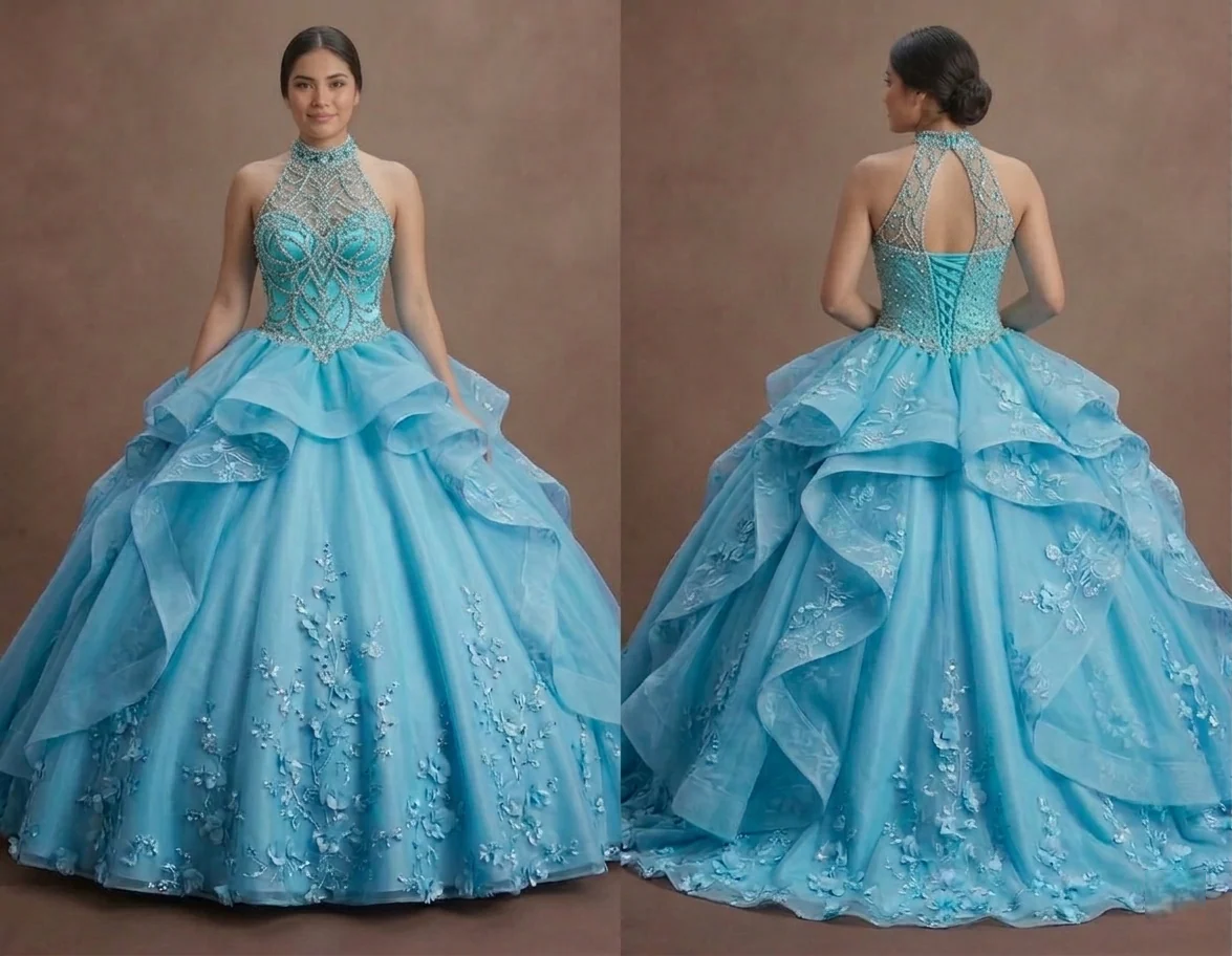Blue Quinceañera Dress - Turquoise Tulle High-Volume Gown
