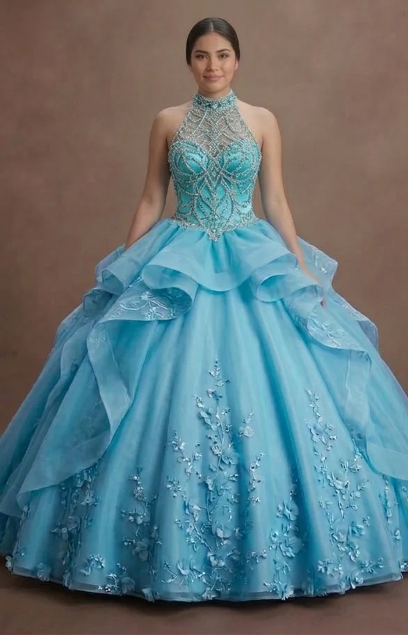 Blue Quinceañera Dress - Turquoise Tulle High-Volume Gown - Image 2