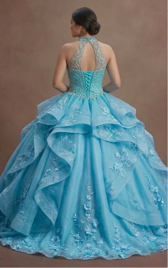 Blue Quinceañera Dress - Turquoise Tulle High-Volume Gown - Image 3