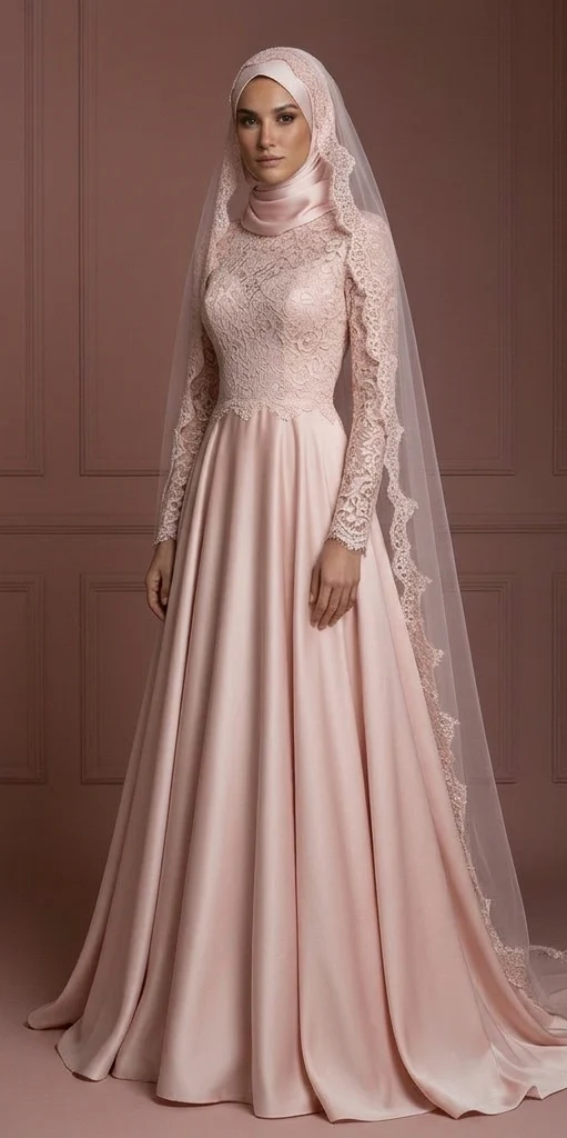 Blush Hijab Wedding Dress Romantic Modest Bridal Style Muslim - Image 2