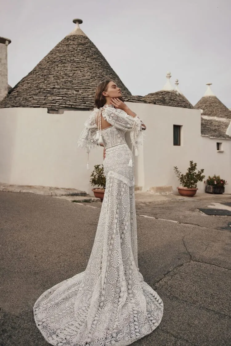 Boho-Chic Beach Wedding Dress with Off-the-Shoulder V-Neckline, Elegant Lace Details & Flowing A-Line Silhouette for a Naturally Stunning Bridal Look - Image 3