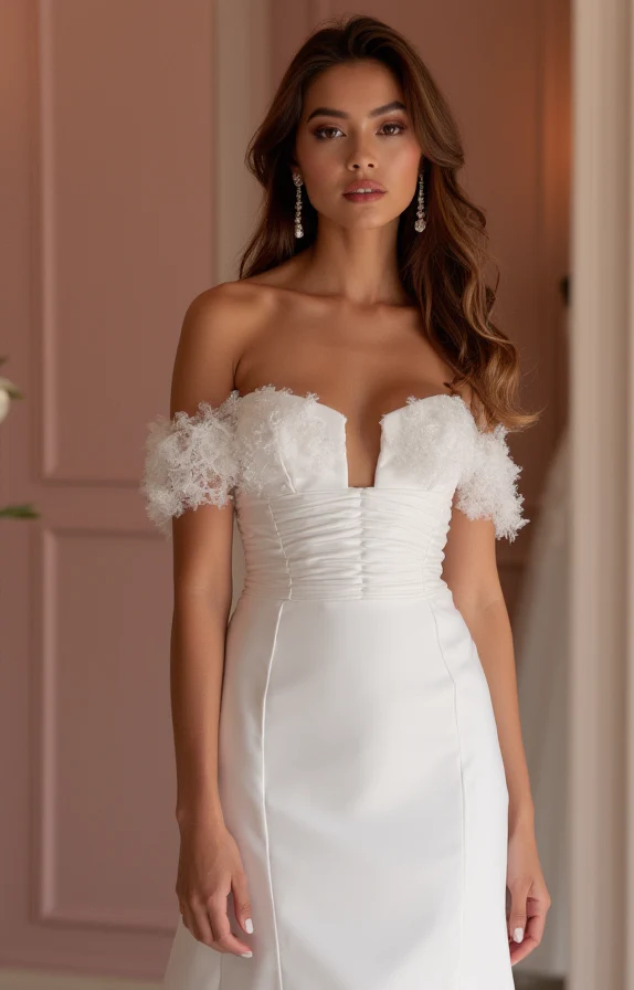 Boho White A-Line Bridal Gown with Lace Sleeves and Flowing Chiffon Skirt - Image 2