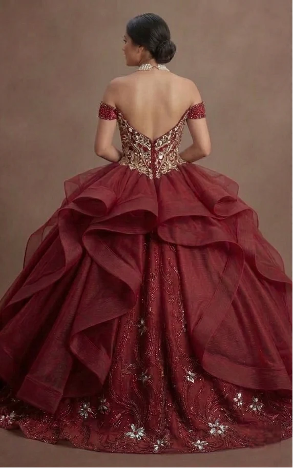 Bold Red Quinceañera Dress Crystal Embellished Luxury Wear - Image 3