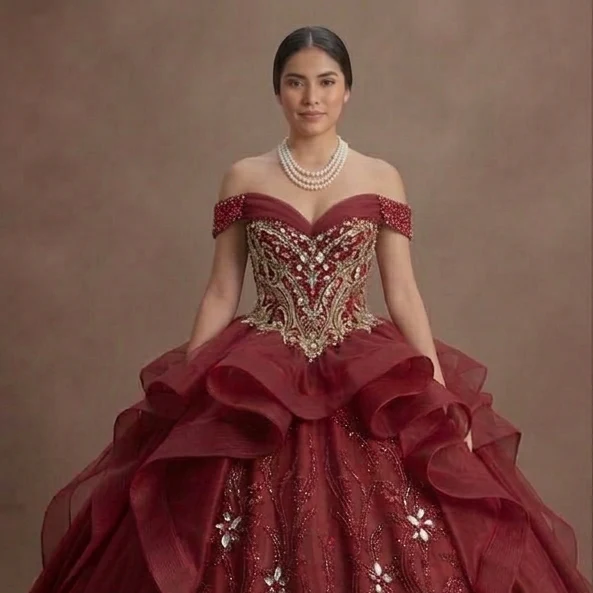 Bold Red Quinceañera Dress Crystal Embellished Luxury Wear - Image 4