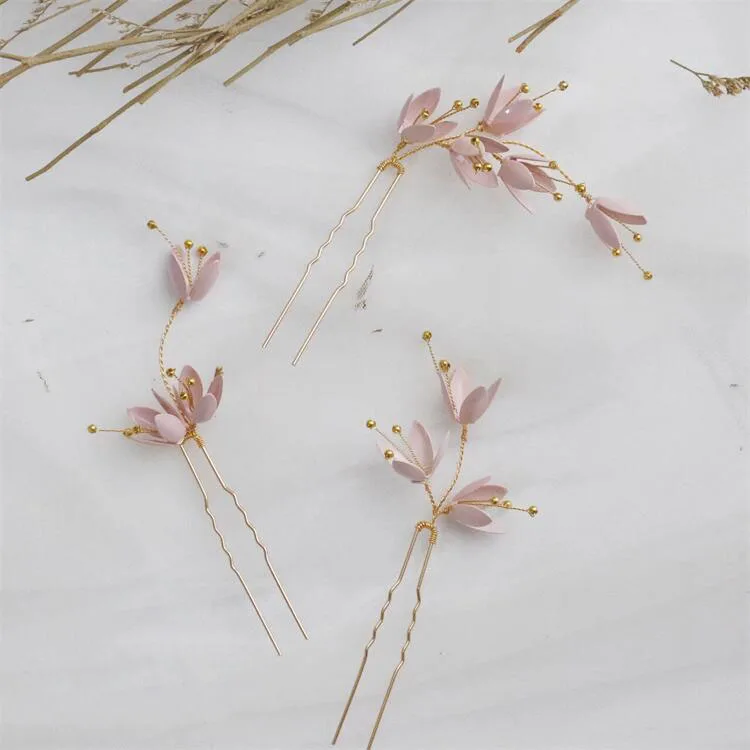 Bridal Accessories Crystal Rhinestones Headpieces Hairpins Pink Flower Hair Pins Clip For Women Brides Headdress Wedding Jewelry - Image 2